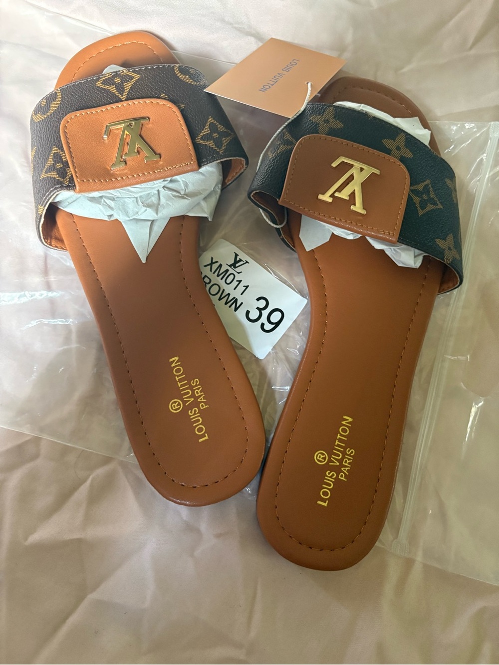 Louis Vuitton Brown Monogram Leather Slide Sandals with Gold Logo